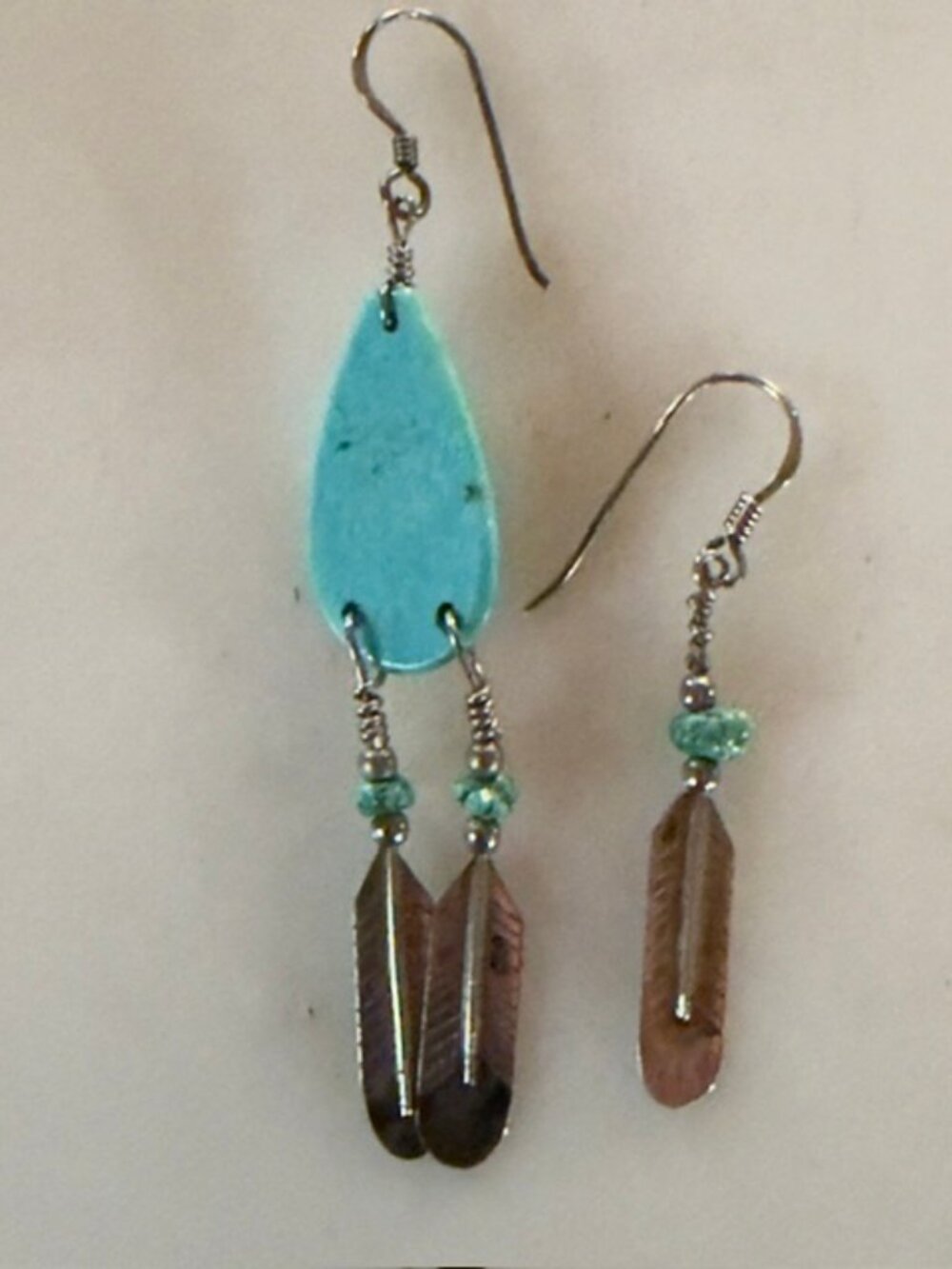 Vintage Southwestern Sterling Silver Turquoise Teardrop Feather Dangle Earrings
